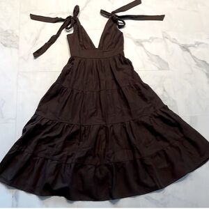 House Of Harlow Linen Blend Deep V Tie Shoulder Tiered Maxi Dress